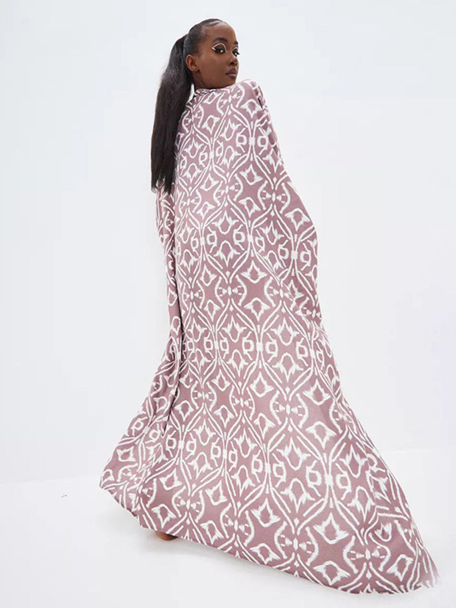 Batwing Sleeves Long Sleeves Contrast Color Printed Tied Waist Deep V-Neck Cover-Up