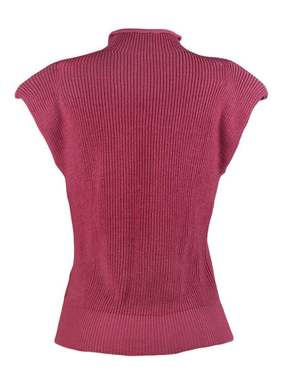 Casual Cap Sleeve Solid Color High-Neck Sweater Tops Pullovers