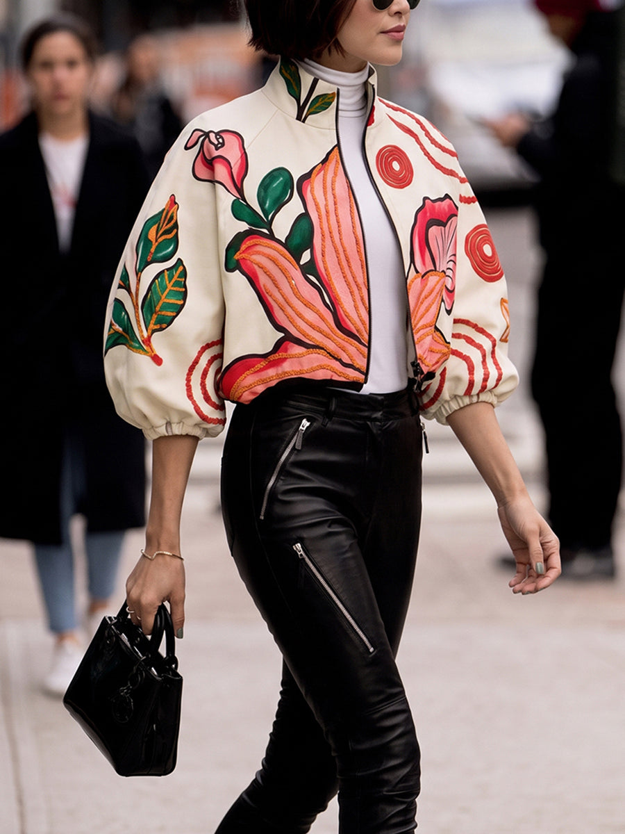 Zipper Leaves Print Flower Print Elasticity Contrast Color Three-quarter Sleeves Puff Sleeves Stand Collar Outerwear Jackets