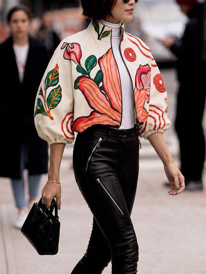 Zipper Leaves Print Flower Print Elasticity Contrast Color Three-quarter Sleeves Puff Sleeves Stand Collar Outerwear Jackets