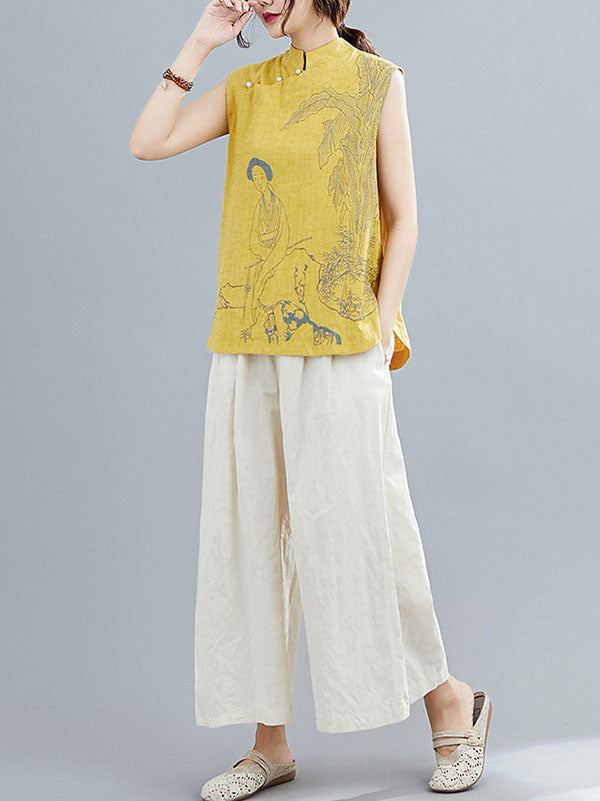 Gilet sans manches à col montant boutonné imprimé de style rétro chinois artistique 