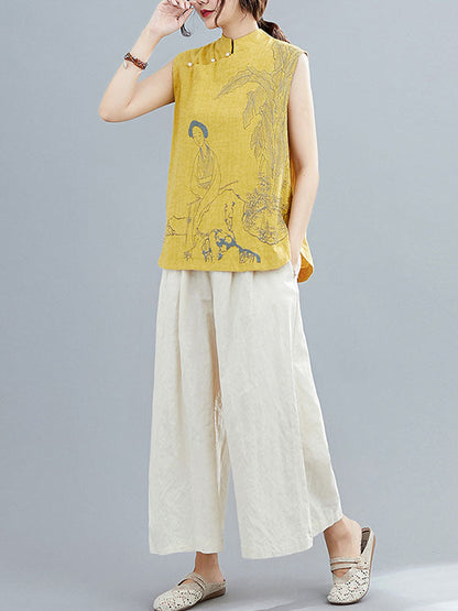 Gilet sans manches à col montant boutonné imprimé de style rétro chinois artistique 