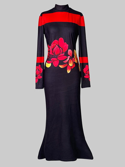 Bodycon Long Sleeves Flower Print High Neck Midi Dresses