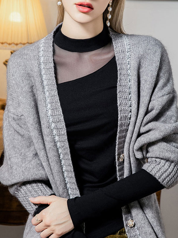 Long Sleeves Plus Size Asymmetric See-Through Solid Color Split-Front Split-Joint Round-Neck T-Shirts Tops