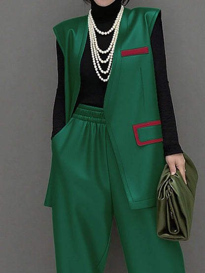 Loose Sleeveless Pockets Solid Color V-Neck Outerwear Vest Top