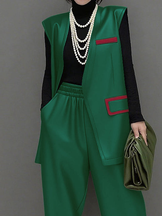 Loose Sleeveless Pockets Solid Color V-Neck Outerwear Vest Top