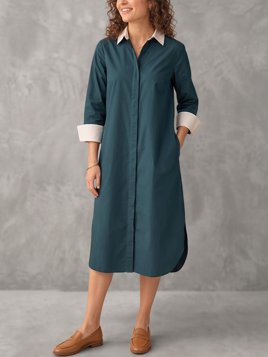 Split-side Pockets Contrast Color Buttoned Three-quarter Sleeves Loose Lapel Shirt Dress Midi Dresses