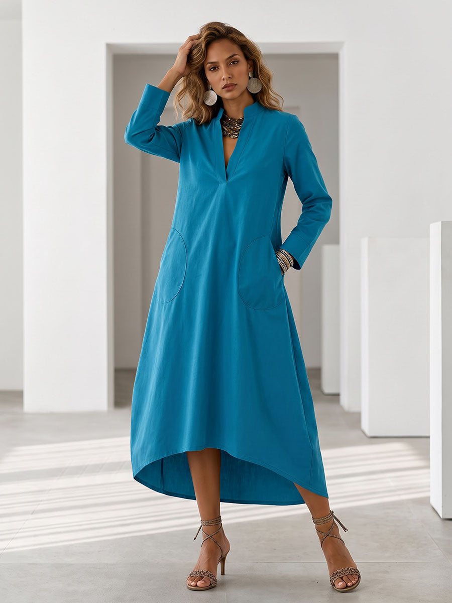 Solid Color Pockets Loose Long Sleeves V-neck Midi Dresse