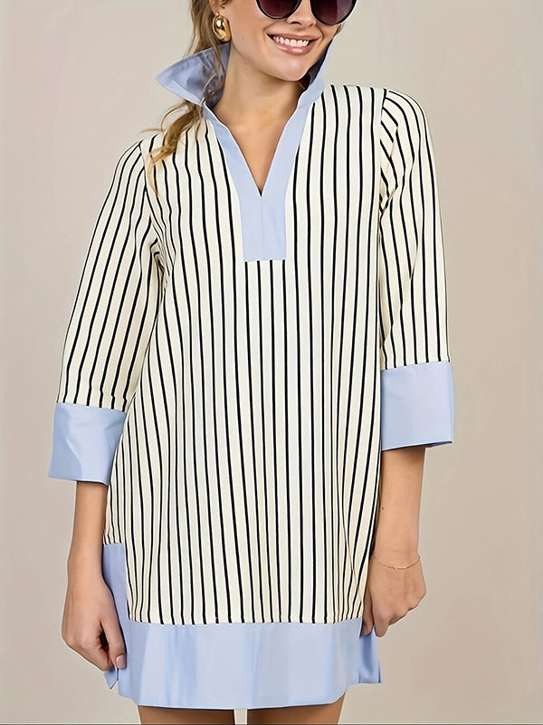 Loose Three-Quarter Sleeves Contrast Color Striped Stand Collar Mini Dresses