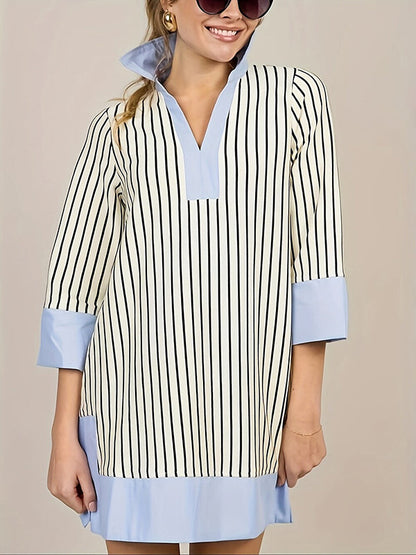 Loose Three-Quarter Sleeves Contrast Color Striped Stand Collar Mini Dresses