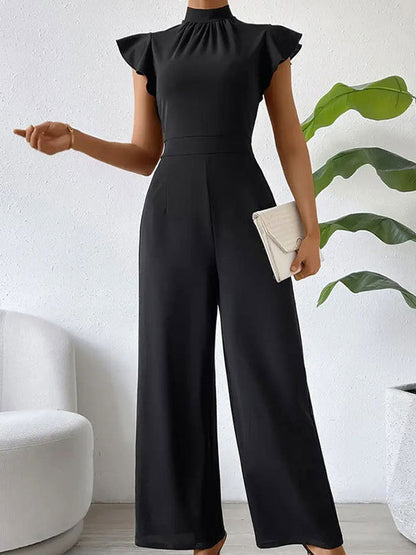 High Waisted Loose Pleated Ruffled Solid Color Mock Neck Jumpsuits