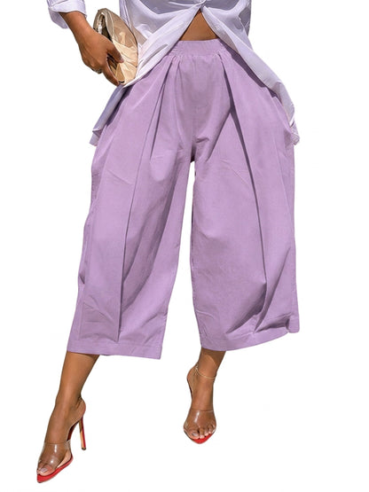 Solid Color Pockets Pleated Wide Leg Loose Pants