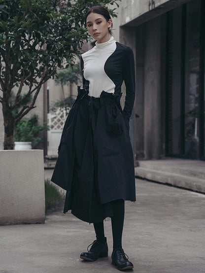 T-shirts urbains skinny à manches longues et col montant asymétriques contrastés 