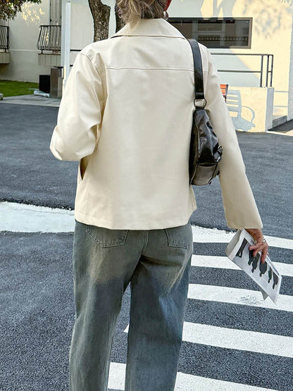 Long Sleeves Pockets Solid Color Zipper Lapel Jackets Overcoat