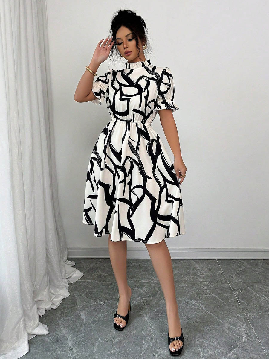 A-Line Bodycon Abstract Printed Contrast Color Ruffled Split-Joint Midi Dresses