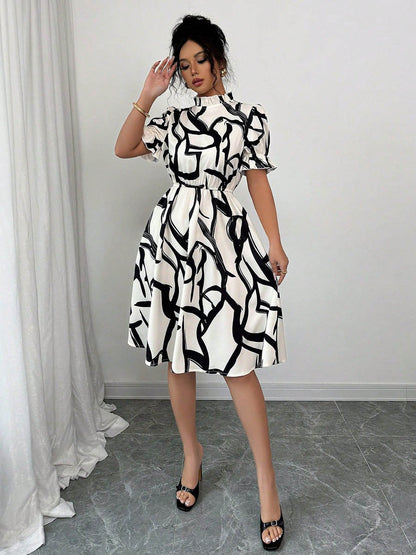 A-Line Bodycon Abstract Printed Contrast Color Ruffled Split-Joint Midi Dresses
