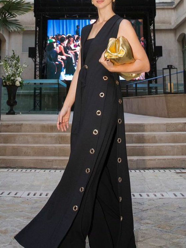 Loose Sleeveless Hollow Split-Joint Split-Side Streamer Deep V-Neck Vest Outerwear