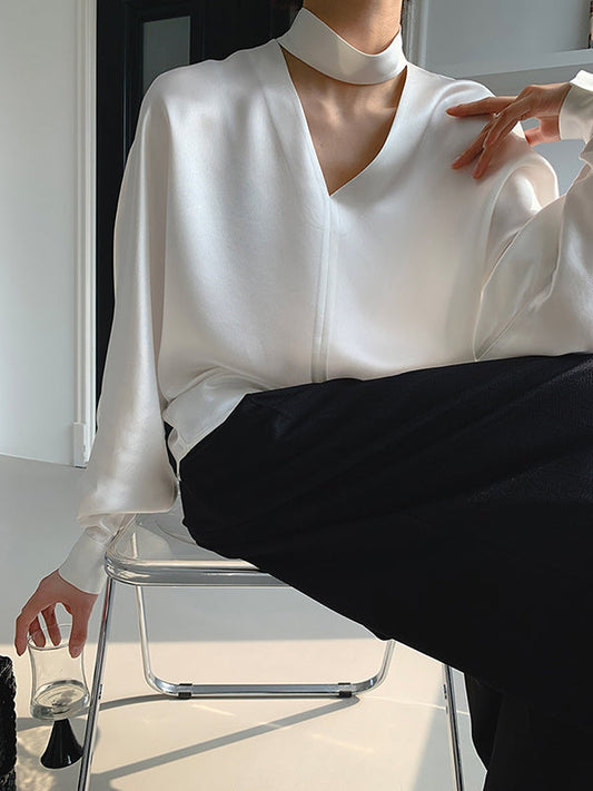 Chemisiers et chemises amples à manches longues et col en V, couleur unie brillante 