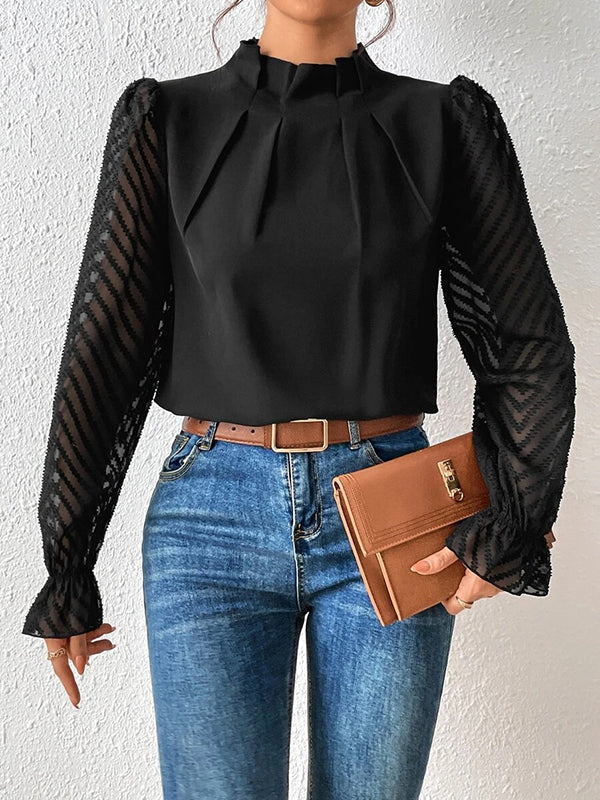 Long Sleeves Loose Elasticity Mesh Pleated Solid Color Mock Neck Blouses&Shirts Tops