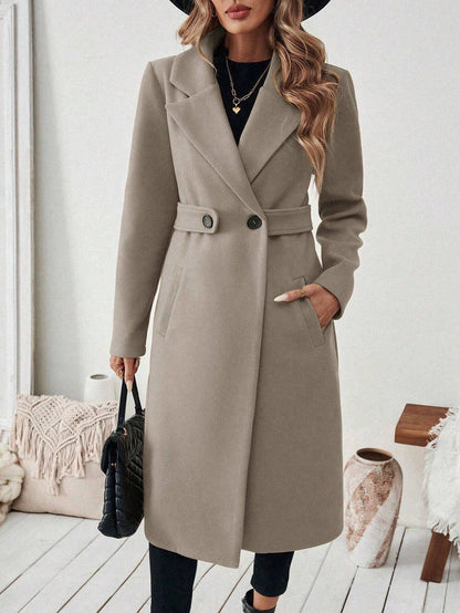 Solid Color Pockets Buttoned Loose Long Sleeves Notched Collar Woolen Coat