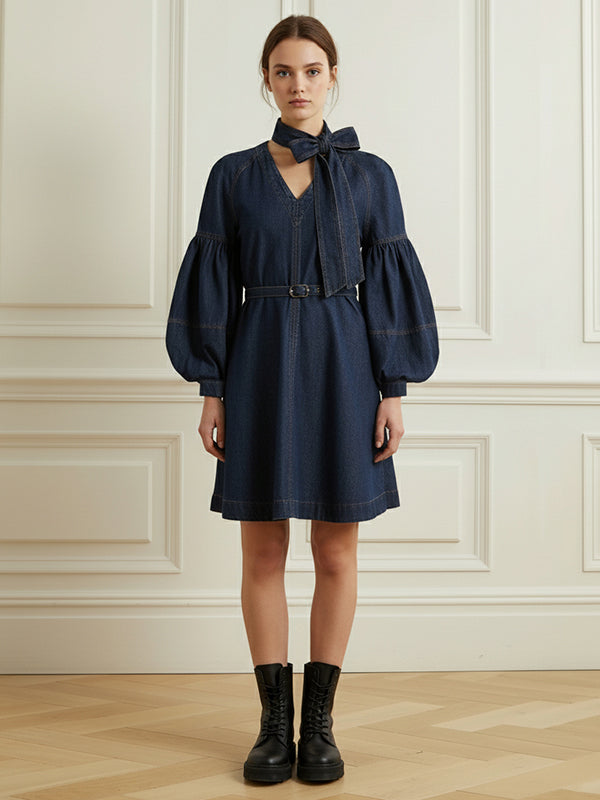 Long Sleeves Puff Sleeves Belted Bow-Embellished Solid Color V-Neck Mini Dresses