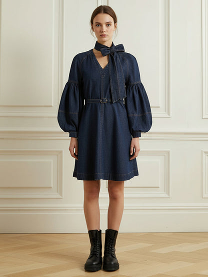 Long Sleeves Puff Sleeves Belted Bow-Embellished Solid Color V-Neck Mini Dresses