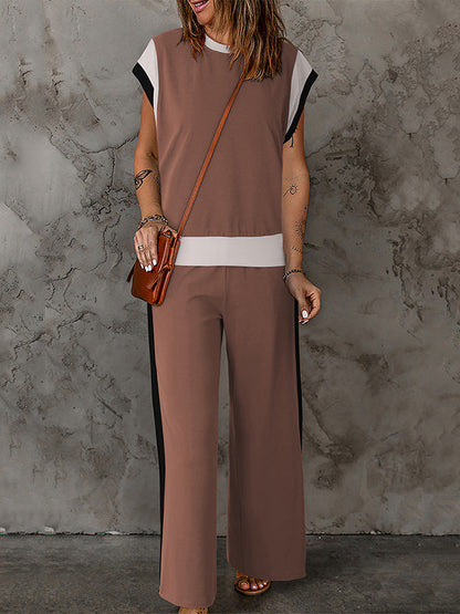 Loose Raglan Sleeve Contrast Color Split-Joint Round-Neck T-Shirt Top + Elasticity Pockets Pants Bottom Two Pieces Set