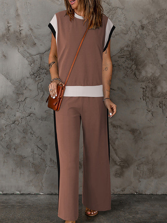 Loose Raglan Sleeve Contrast Color Split-Joint Round-Neck T-Shirt Top + Elasticity Pockets Pants Bottom Two Pieces Set