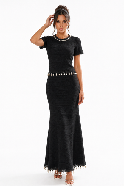 THALIA Pearl Reverie Knit Two-Piece Set – Cropped Top & Maxi Skirt