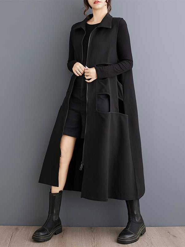 Robe mi-longue ample sans manches, couleur unie, ajourée, fermeture éclair, revers 