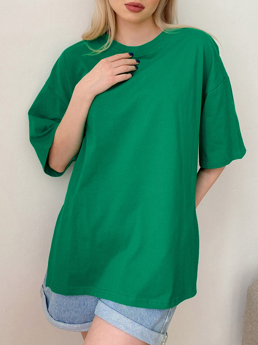 Loose Short Sleeves Solid Color Split-Side Round-Neck T-Shirts Tops