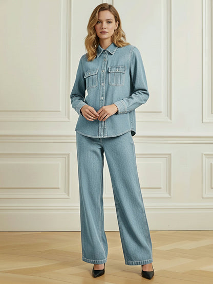 Loose Wide Leg Buttoned Pockets Solid Color Jean Pants Bottoms