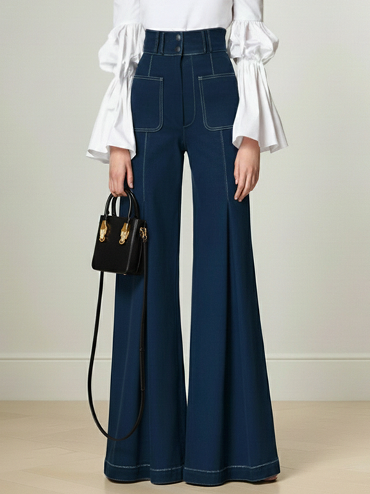 Flared Pants High Waisted Buttoned Solid Color Pants