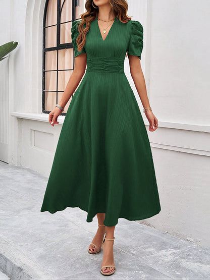 A-Line High Waisted Pleated Solid Color Zipper V-Neck Maxi Dresses