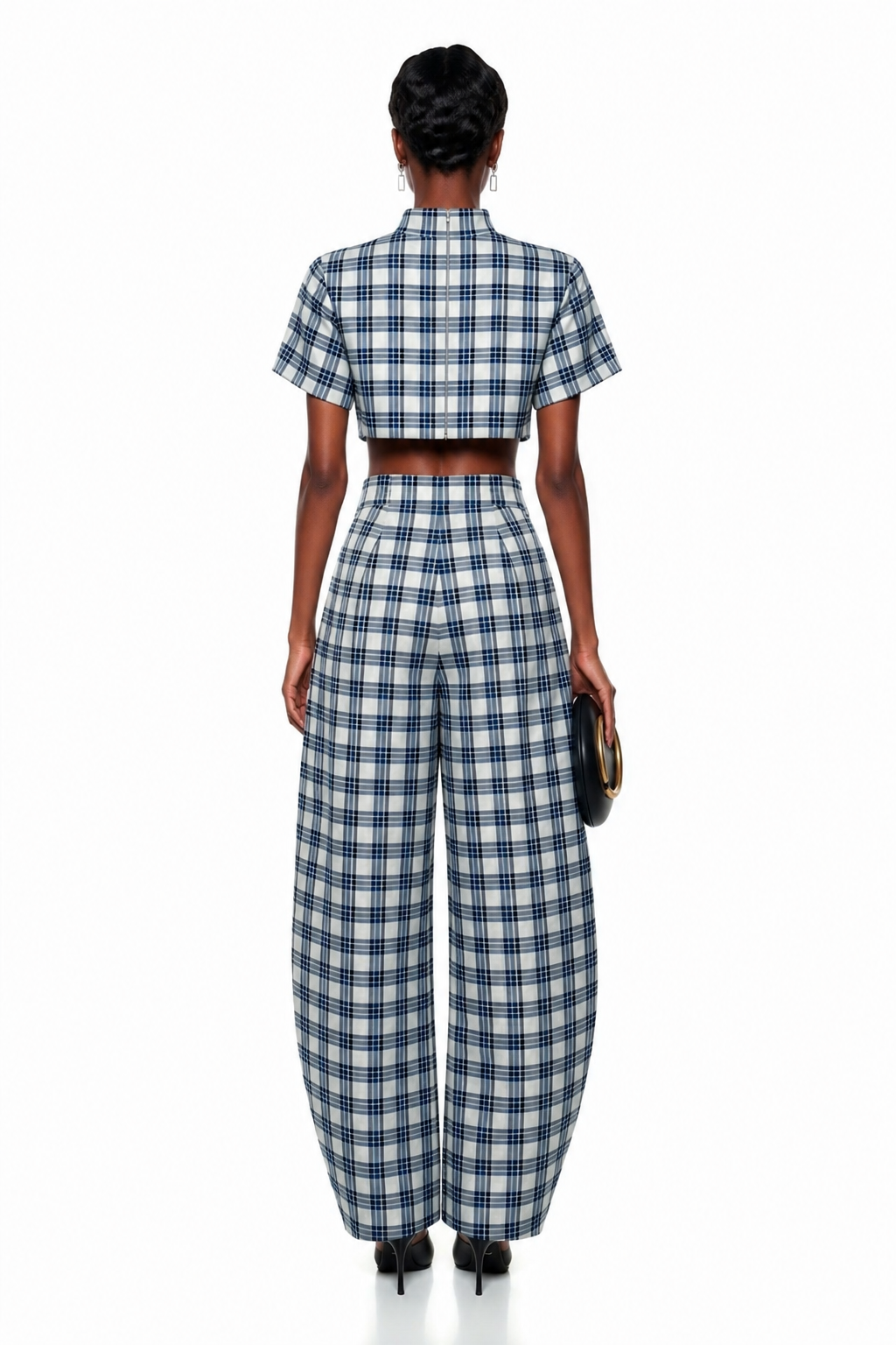 CEMRE Check Mate Wide-Leg Set – Cropped Plaid Top & High-Waisted Trousers