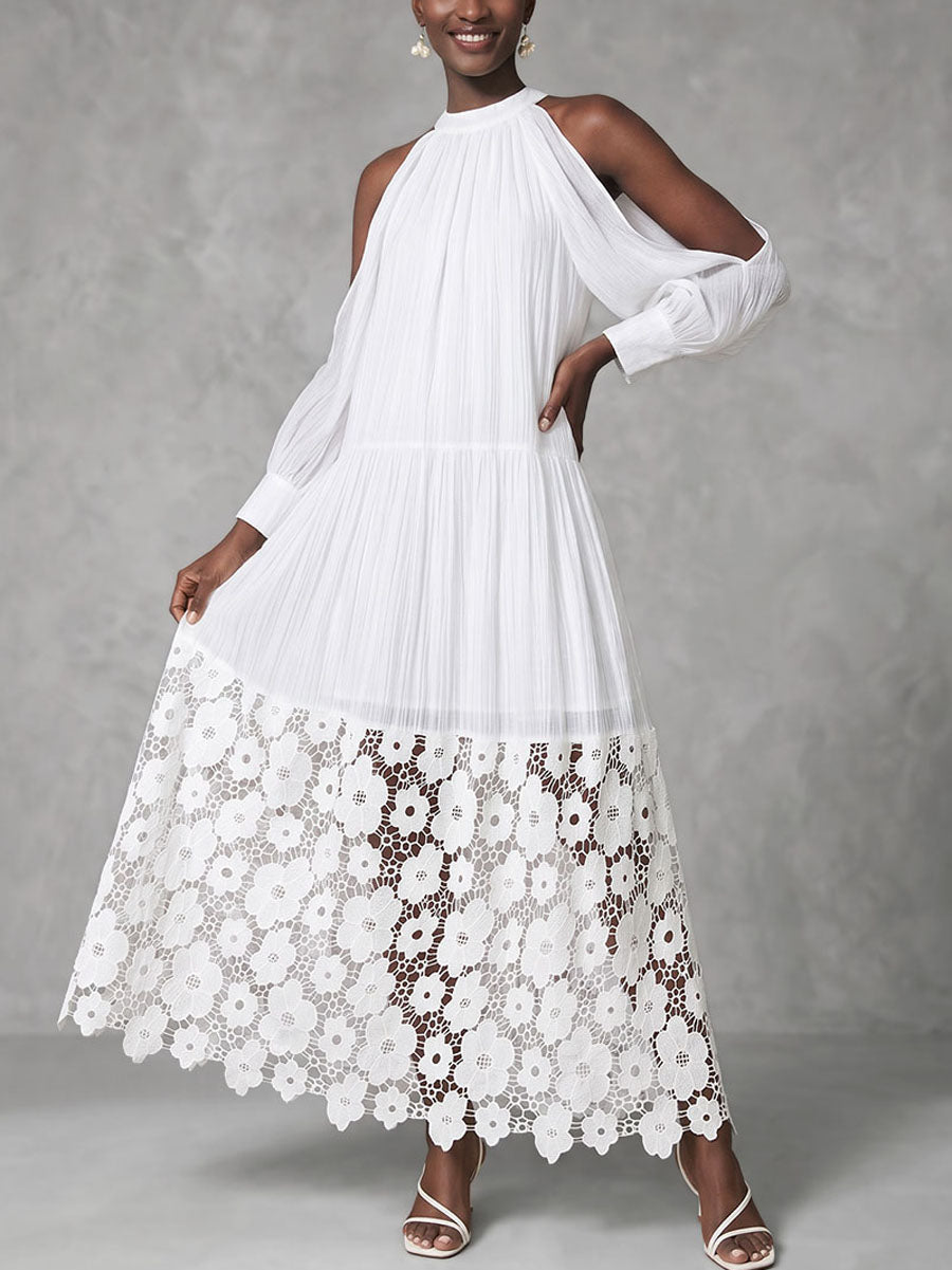 A-Line Long Sleeves Hollow Ruched Solid Color Split-Joint Cold Shoulder Maxi Dresses