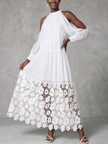 A-Line Long Sleeves Hollow Ruched Solid Color Split-Joint Cold Shoulder Maxi Dresses
