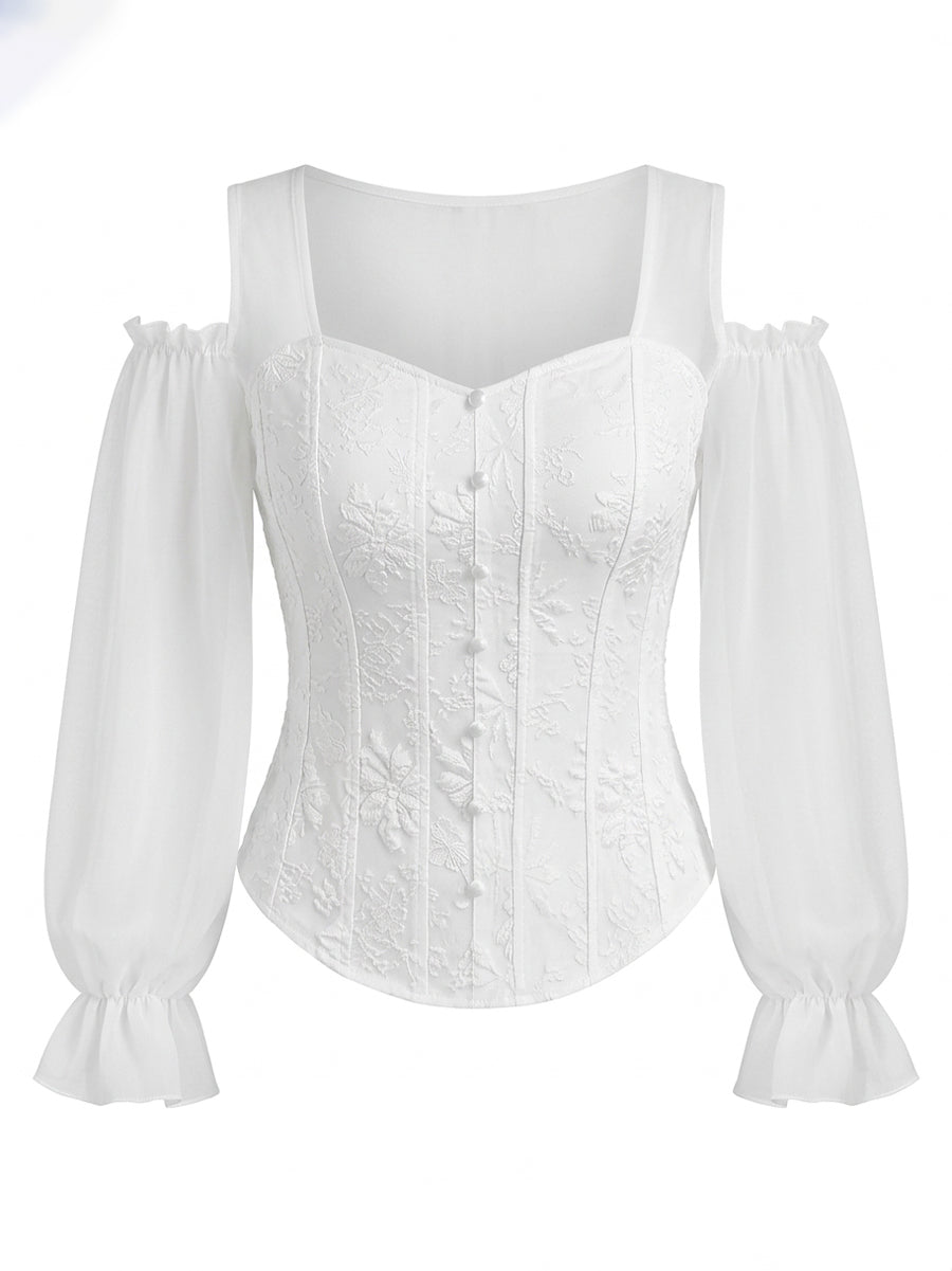 Flared Sleeves Long Sleeves Elasticity Hollow Jacquard Solid Color Split-Joint Cold Shoulder Blouses&Shirts Tops