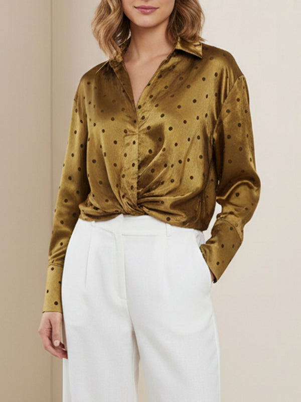 Irregularity Long Sleeves Polka-Dot Twist Lapel Collar Blouses&Shirts Tops