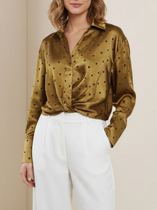 Irregularity Long Sleeves Polka-Dot Twist Lapel Collar Blouses&Shirts Tops