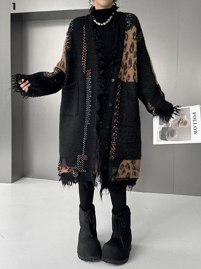 Hipster Long Sleeves Asymmetric Buttoned Contrast Color Leopard Pockets Split-Joint V-Neck Cardigan Tops