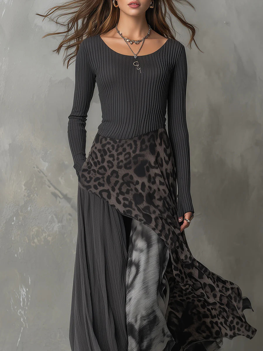 High Waisted Long Sleeves Leopard Printed Split-Joint Round-Neck Maxi Dresses