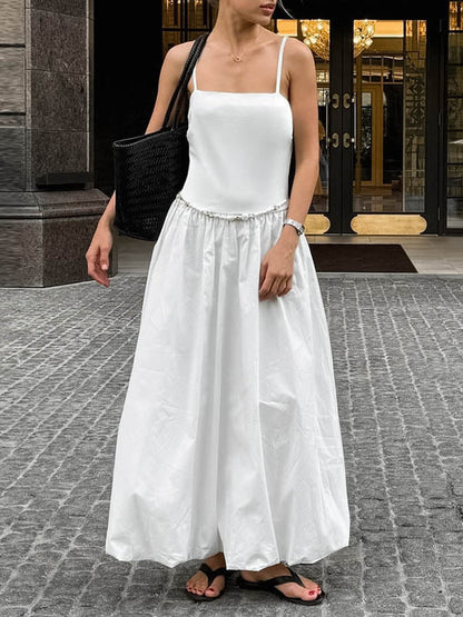 Loose Sleeveless Pleated Solid Color Split-Joint Spaghetti-Neck Midi Dresses