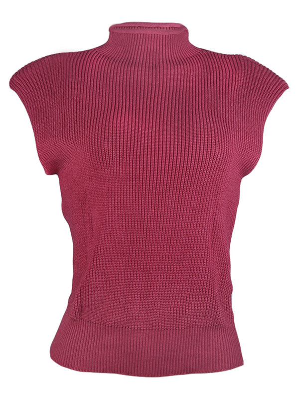 Casual Cap Sleeve Solid Color High-Neck Sweater Tops Pullovers