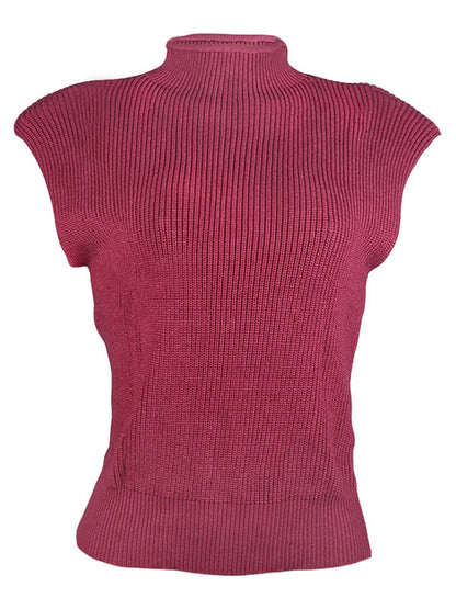 Casual Cap Sleeve Solid Color High-Neck Sweater Tops Pullovers