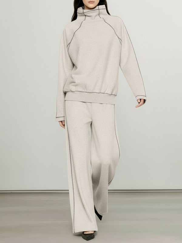 Comfort Long Sleeves Turtleneck Sweatshirts + Drawstring Wide Leg Pants Two Pieces Set