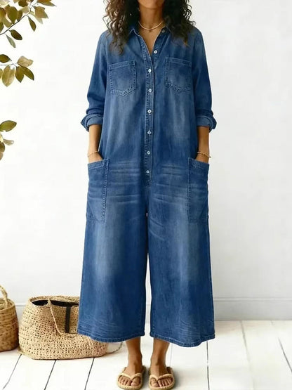 Split-Joint Solid Color Pockets Buttoned Wide Leg Plus Size Lapel Jumpsuits