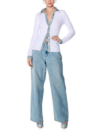 Long Sleeves Skinny Buttoned Split-Joint Lapel Blouses&Shirts Tops