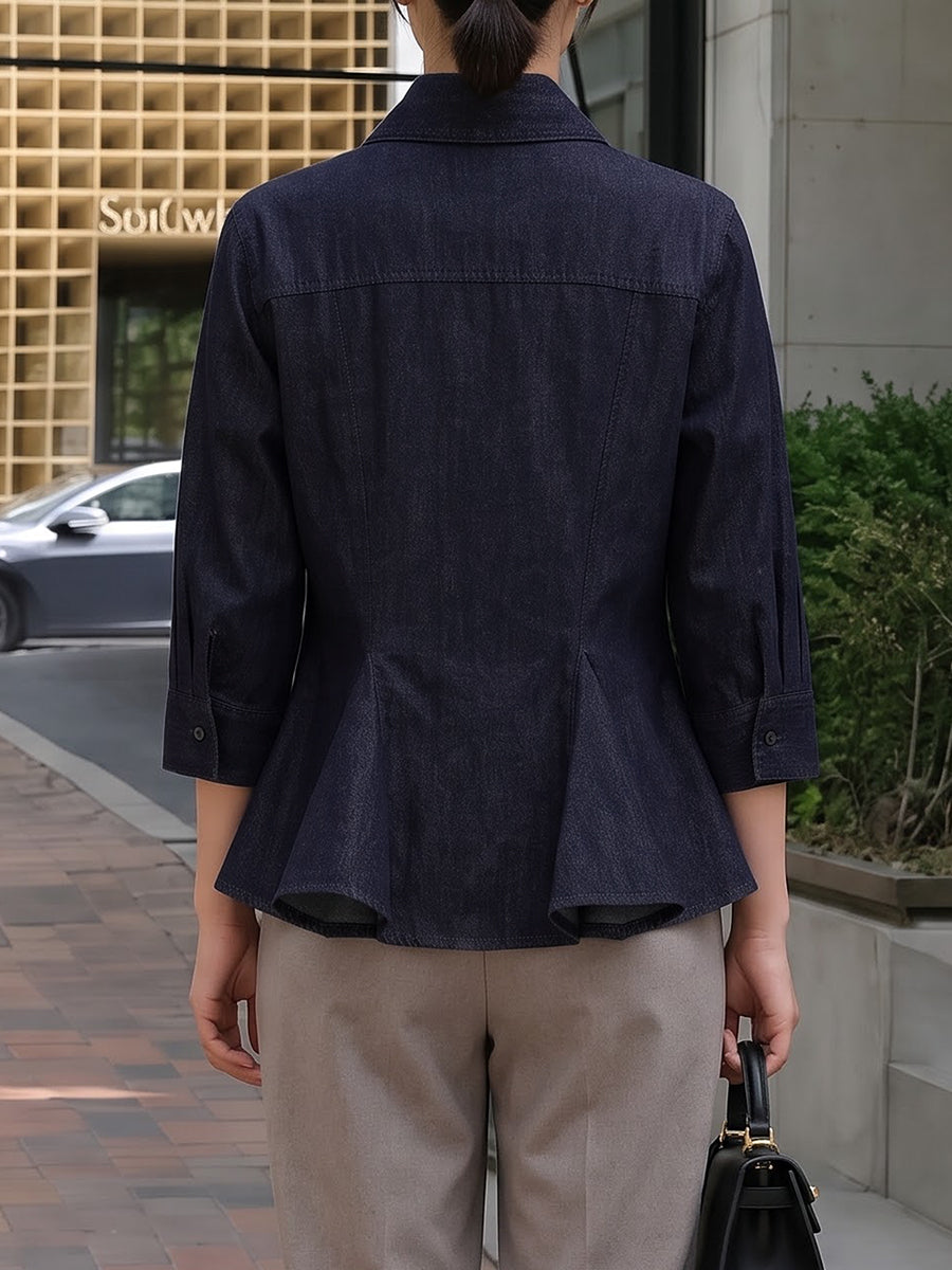 Solid Color Pleated Buttoned Long Sleeves Lapel Blouses&shirts Tops