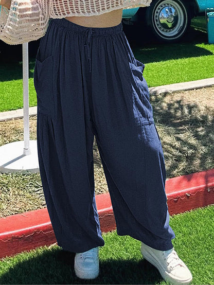 Pantalon taille haute ample avec cordon de serrage et poches plissées, couleur unie 